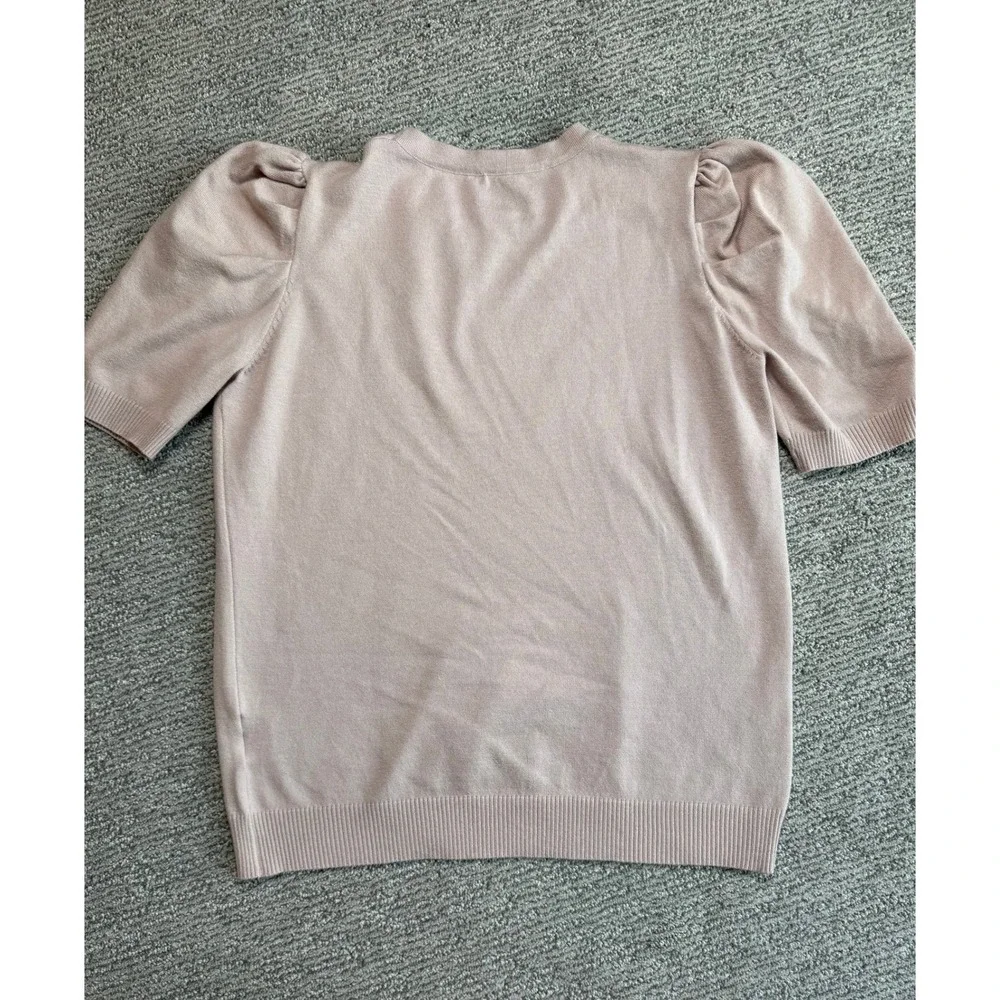 Women XL Blush Pink Puff Shoulder Crew Neck Knit Sweater 3/4 Sleeve Pullover